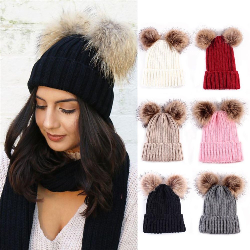 Women Winter Chunky Knit Double Pom Pom Beanie Hats Cozy Warm Slouchy Hat Beige At Amazon Women S Clothing Store