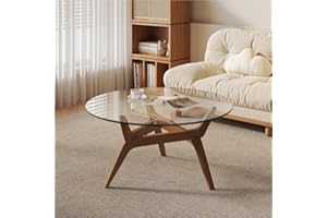 Modern Round Glass Coffee Table, Minimalist Creative Side Table with Wooden Base, Multifunctional Centre Table for Living Roo