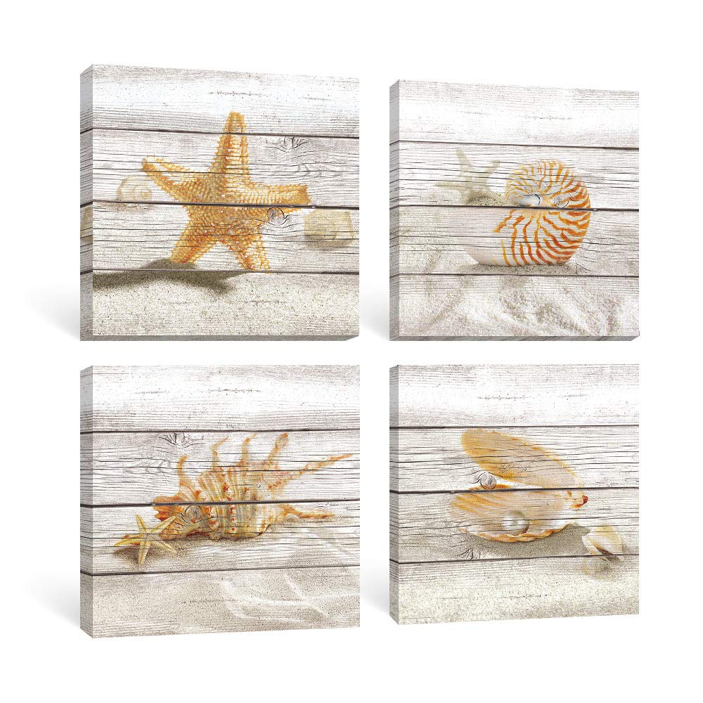 Sumgar Beach Wall Art Bathroom Coastal Decor Ocean Pictures Rustic Seashell Canvas Paintings Yellow Starfish Prints Beige Hawaii Artwork Set Of 4 Bedroom Wall Decorations