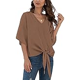 VIISHOW Womens Tie Front Chiffon Blouses V Neck Batwing Short Sleeve Summer Tops Shirts