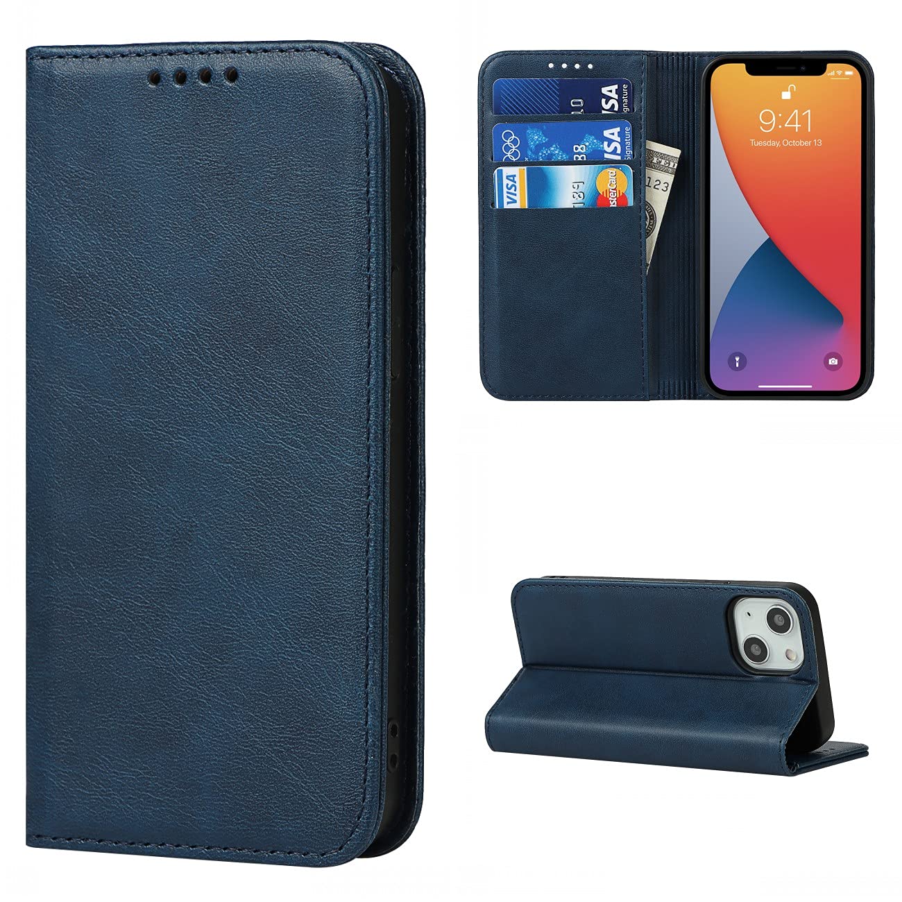 Copmob iPhone 13 Mini Case, Flip Wallet Leather Case [3 Slots] [Magnetic Closure] Flip Case Cover for iPhone 13 Mini – Blue