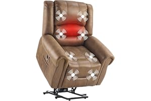 ComeWay Large Power Lift Chair for Elderly, PU Leather Recliner Chair with Massage & Heat, Electric Lift Recliner Chair for Living Room with Side Pocket, USB & Type-C Charge Port, Brown