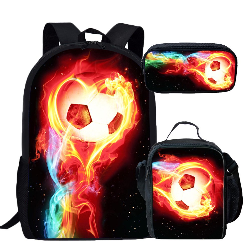 Coloranimal Cool Fire Soccer Design Children School Bags+Lunch Purse+Pencil Cover Case