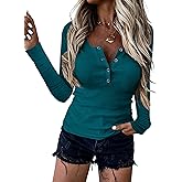 BTFBM Women Long Sleeve Shirts Fall Tops V Neck Button Up Henley Shirts Slim Fit Ribbed Knit Spring Casual T-Shirts 2026