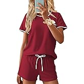 Ekouaer Womens Pajama Set Ribbed Knit Soft Shorts Pjs Summer Sleepwear Two Piece Casual Lounge Sets with Drawstring & Pockets