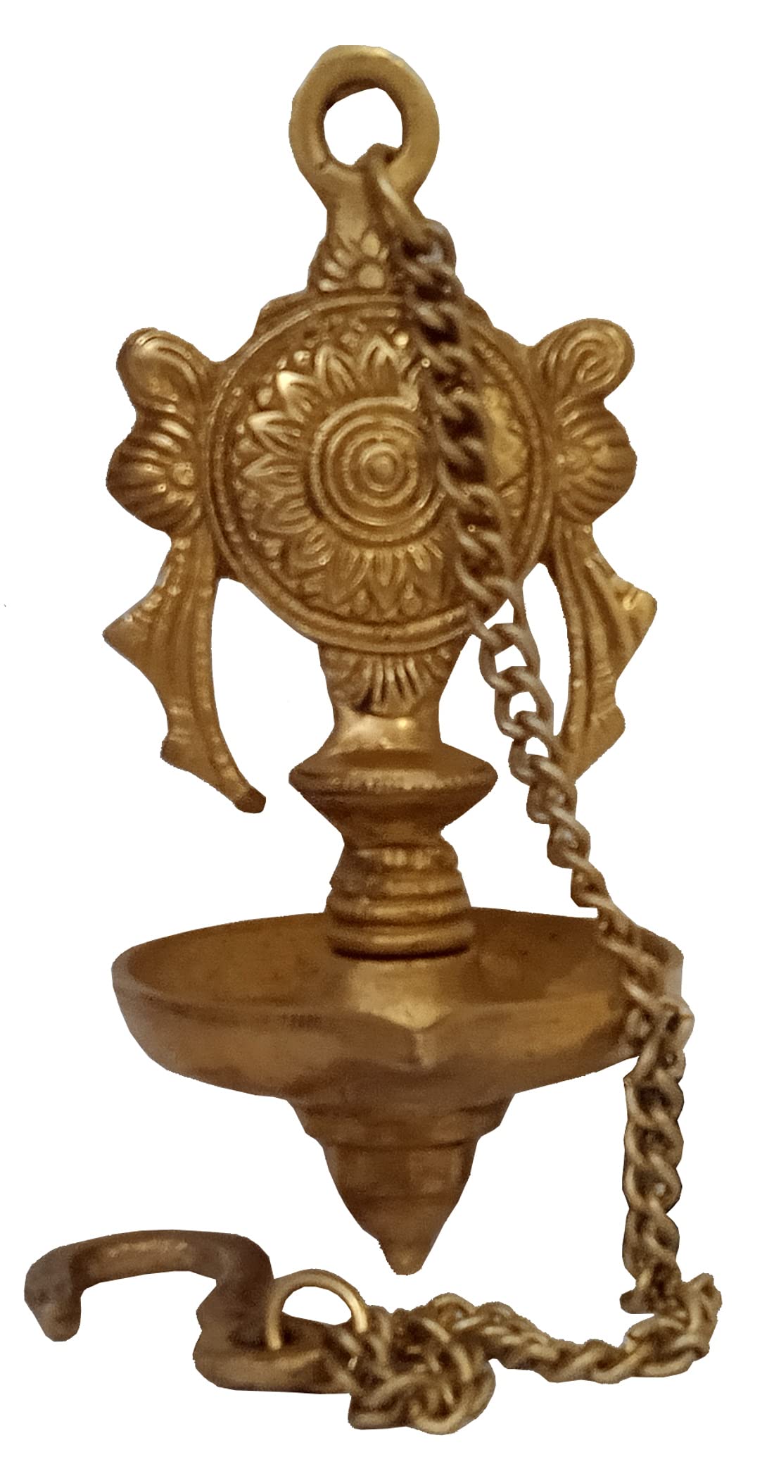 Purpledip Brass Hanging Diya Nila Vilakku Chakra Oil Lamp: Gada Padma Padmanabha Swami Vishnu Symbol (12280)