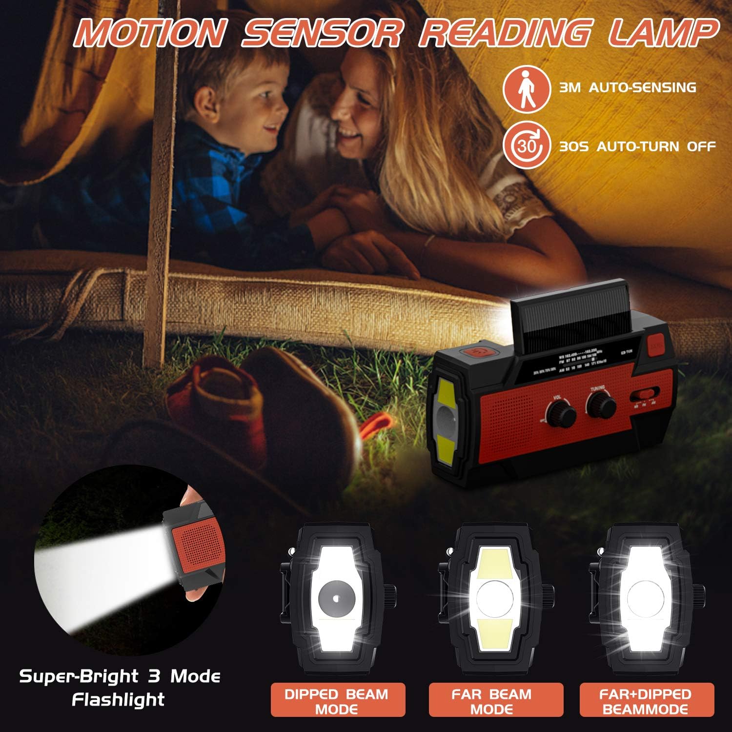 Emergency Radio Hand Crank Solar, 4000mAh Portable Weather Radio, NOAA Weather Radio, Outdoor Radio with Flashlight & Motion Sensor Reading Lamp, Solar Cell Phone Charger, SOS Alarm(Red): Home Audio & Theater