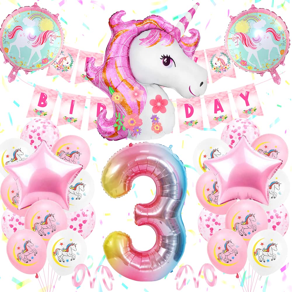 3rd Birthday Party Decoration Girls, Unicorn Birthday Decoration Set Pink, Large Number 3 Foil Balloon,Pink White Latex Balloons,3 Unicorn Party Supplies for Baby Girls Birthday Celebration