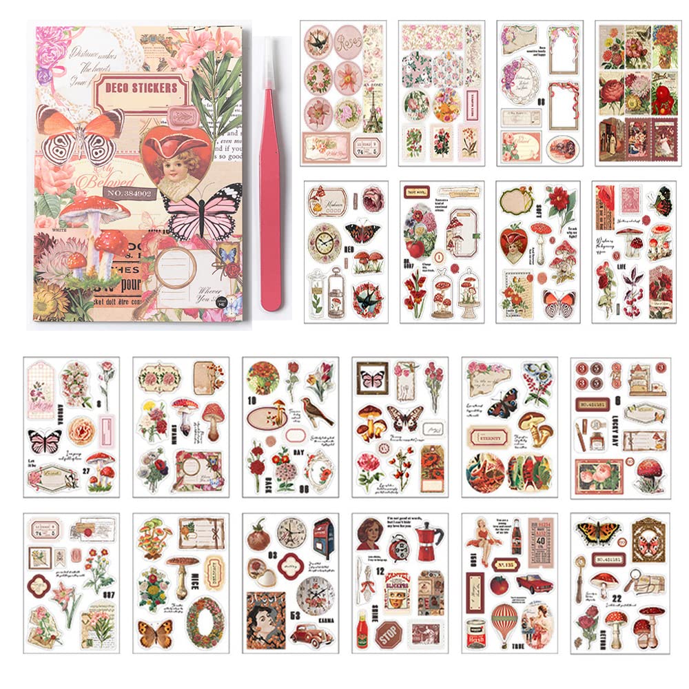 Alideco Vintage Scrapbook Stickers Pack DIY Kawaii Water Proof Journaling Supplies kit Stickers for Scrabooking Mushroom Scrapbook Paper Accessories 20sheets/About 165pcs