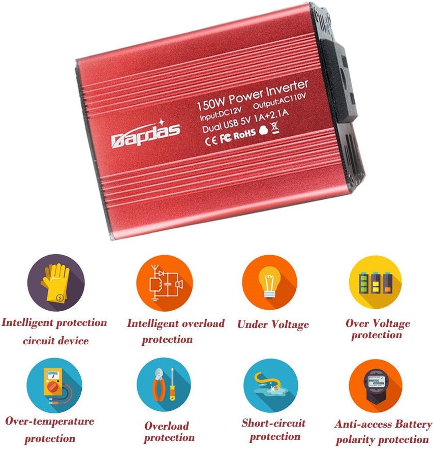 Bapdas 150W Car Power Inverter DC 12V to 110V AC Car Converter with 3.1A Dual USB Car Adapter-Red