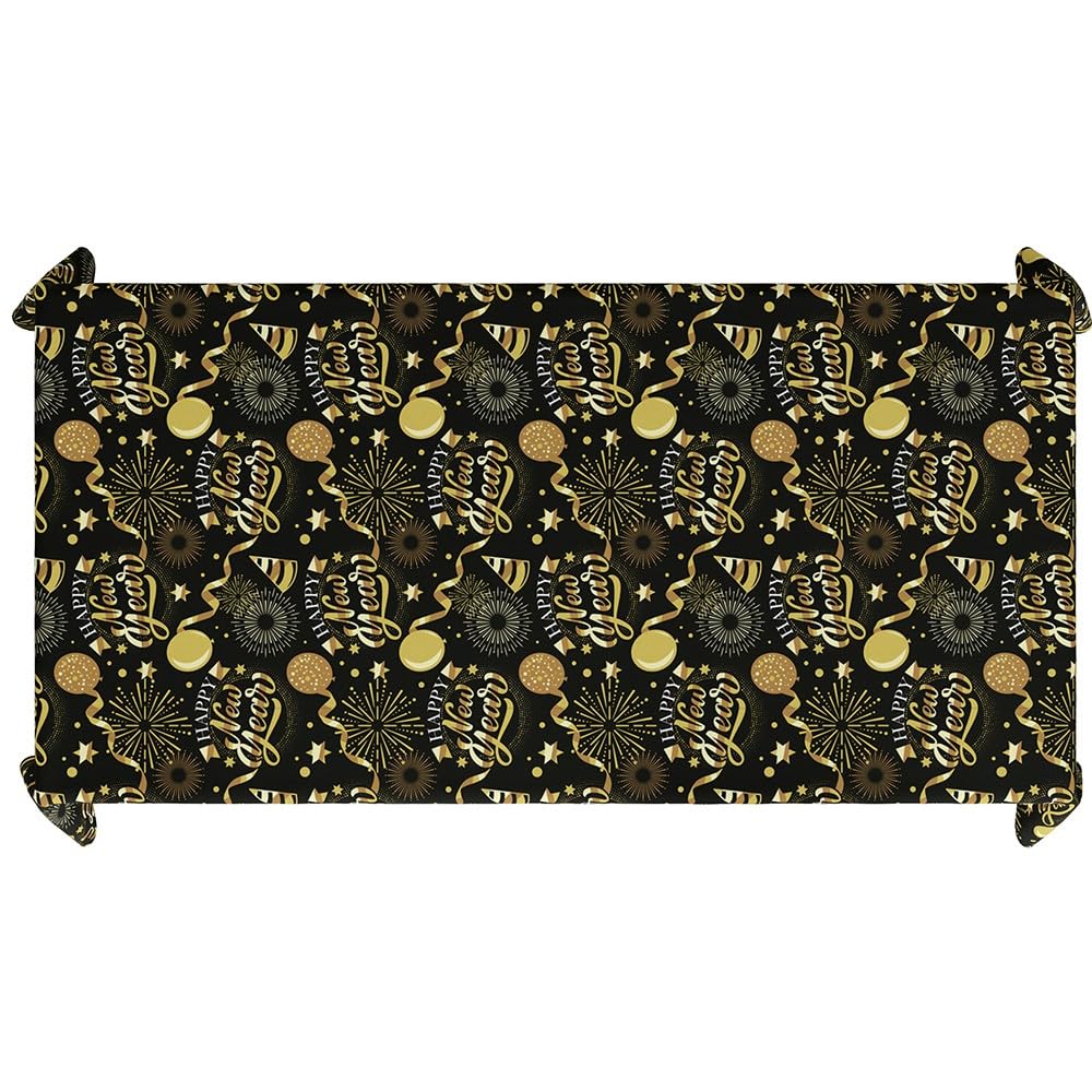 FIESTAS GUIRCA | Happy New Year Tablecloth Black and Gold (53.9x107.9 in) - Table Decoration for New Year Parties - Ideal for Celebrations and Festivities - Black, Gold