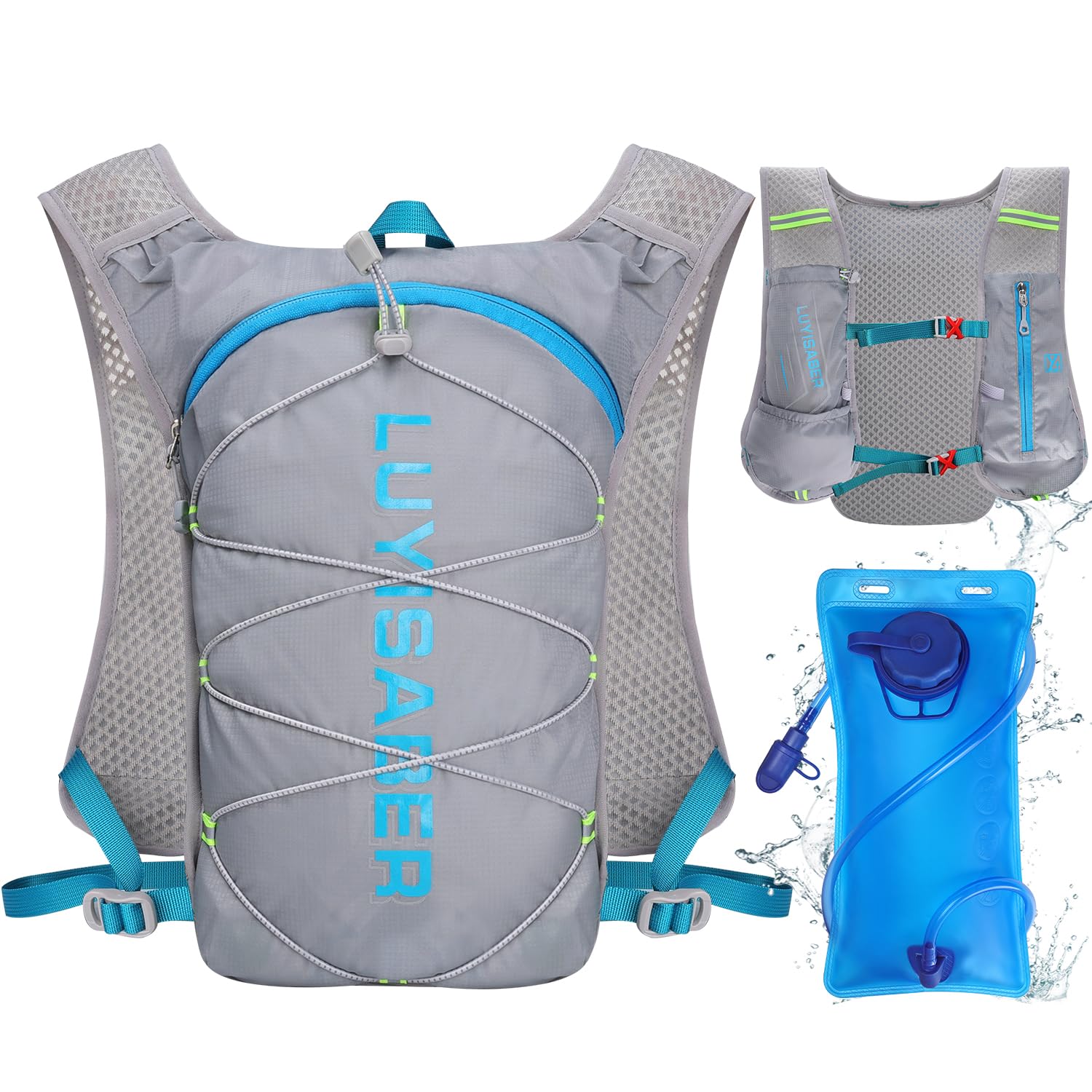 Neloheac Running Vest with 2L Water Bladder, Ultralight Multi-pockets Hydration Backpack for Women & Men, Hydration Pack for Hiking Biking Camping, Grey