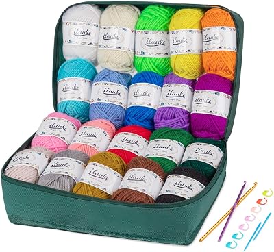 ilauke Acrylic Crochet Yarn Kit 20 Colours 30g with Hooks & Bag