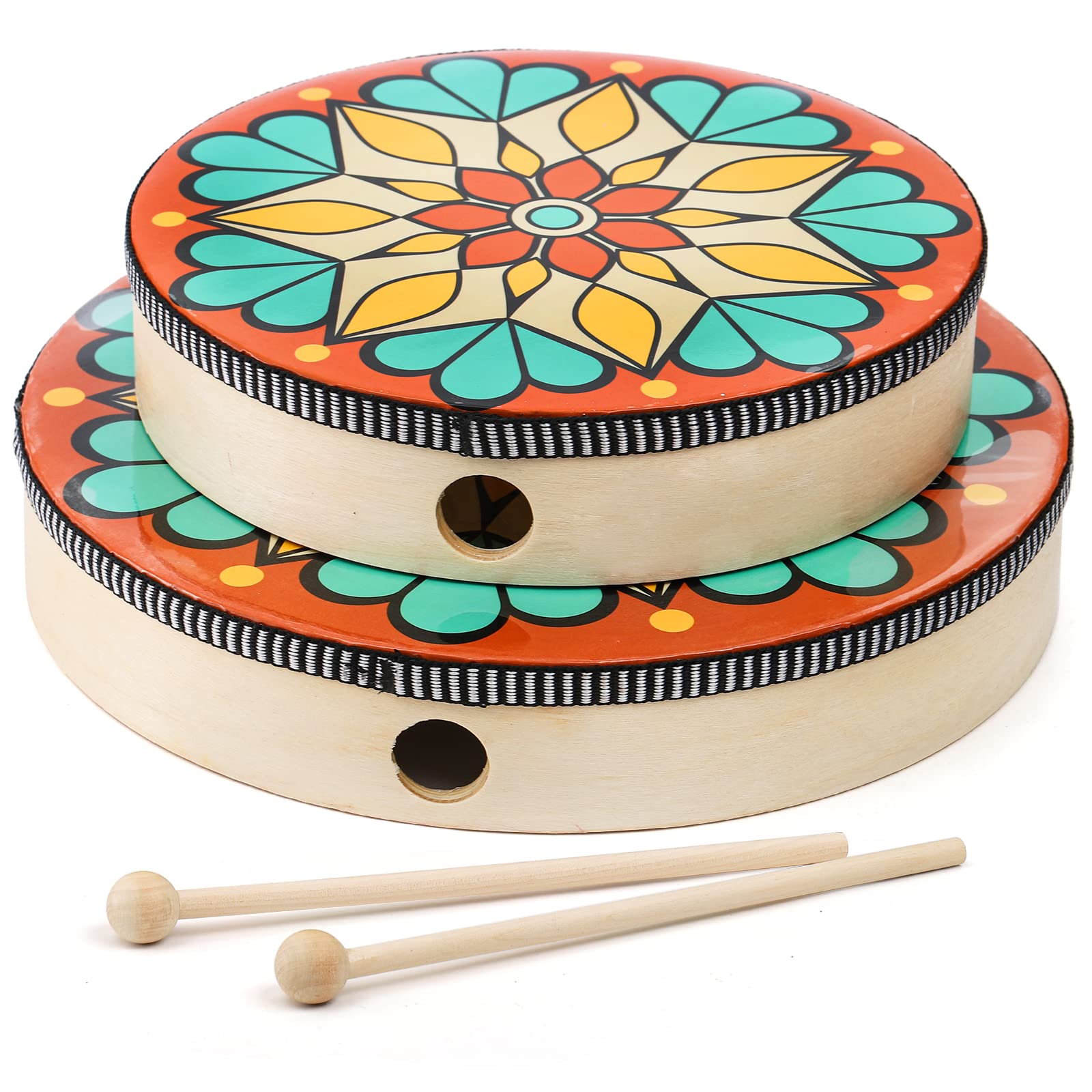 thumbnail interactive-video image 1 of Foraineam 10 Inch & 8 Inch Hand Drum Set - Wood Frame Hand Percussion With Drum Sticks 1 of 5