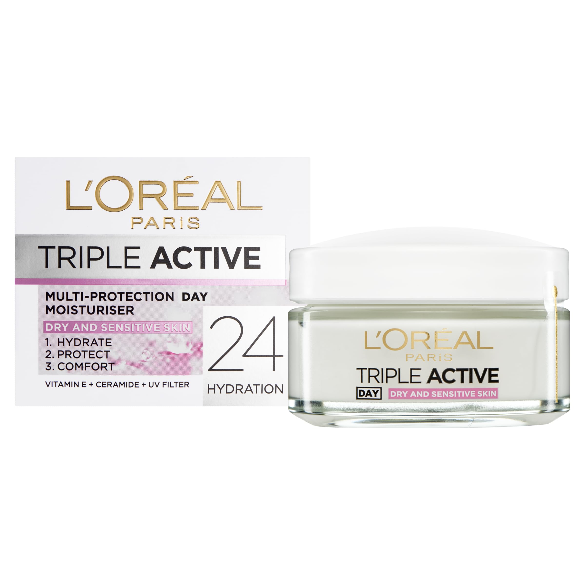 L'Oréal Paris Triple Active Day 24H Hydrating Moisturiser - Sensitive. Hydrate and Protect Sensitive and Dry Skin, Comforts skins, Formulated with Vitamin E & Ceramides 50ml