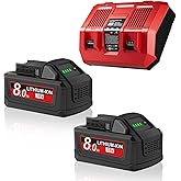 2Pack 8.0Ah Replacement for Milwaukee M18 Battery and Charger 18 Volt Battery with Charger Compatible with 18V 48-11-1810 48-11-1815 48-11-1820 48-11-1850 48-11-1828 48-11-1860 Cordless Power Tools