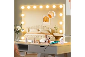 Moonee Vanity Mirror with Lights, Hollywood Lighted Makeup Mirror with 15 Dimmable Bulbs and 10X Magnification, 3 Colors Modes, Aluminum Metal Frame, Light Up Mirror for Tabletop or Wall（23″ x 18″）