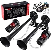 12V Metal 2-Trumpet Train Horn for Truck Kit with 2 Air Compressors | 150dB Loud Air Horn for Car, Tankless &amp; Chrome Zinc, Fits most 12V Car/Pickup/SUV/Motorcycle/Boat,Truck accessories for men
