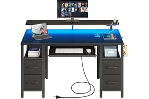 Seventable Computer Desk 47.2" with LED Lights & Power Outlets, Home Office Desk with 4 Drawers, Writing Desk with Keyboard Tray, Study Table with Monitor Stand, Work Desks for Home Office, Black