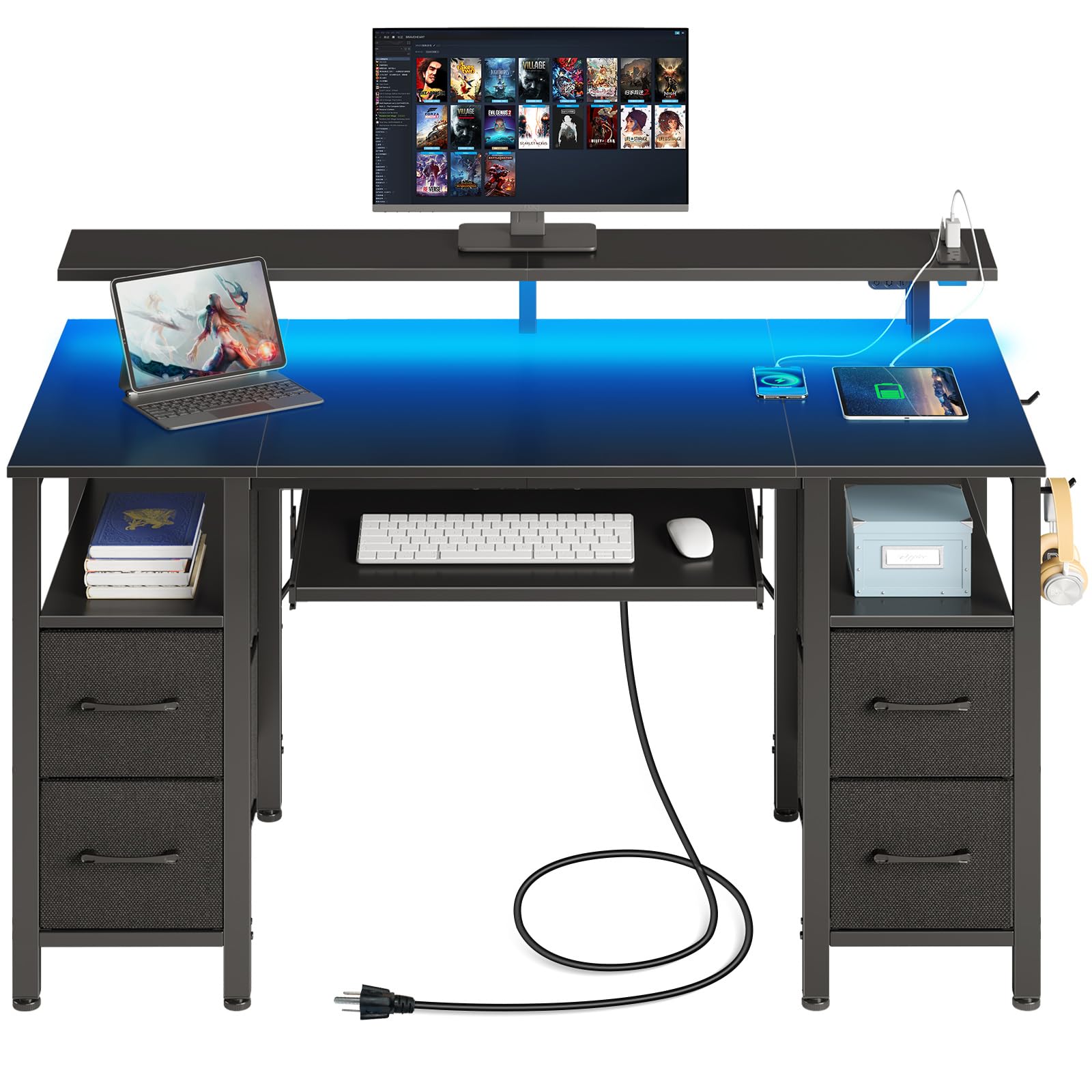 Seventable Computer Desk 55.1" with LED Lights & Power Outlets, Home Office Desk with 4 Drawers, Writing Desk with Keyboard Tray, Study De sk with Monitor Stand, Work for Home Office, Black Image