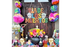JOYMEMO Day of the Dead Sugar Skull Hanging Wall Wooden Sign, Dia De Los Muertos Skeleton Welcome Porch Sign for Halloween Party Decorations Supplies