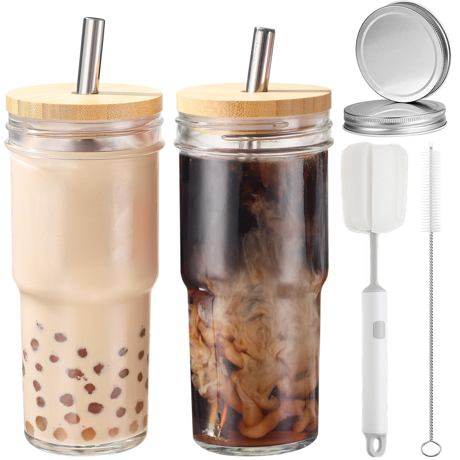 CJWLKJ 2-Pack 24oz Glass Cups Tumbler with Lids and Straws & 2 Airtight Lids, Reusable Boba Bubble Tea Cups, Mason Jar Drinking Glasses Iced Coffee Cup for Long Drinks, Water, Cocktail, Whiskey, Gift