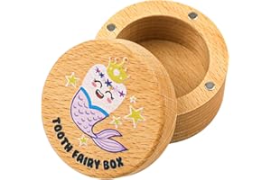 XIHIRCD Magnetic Tooth Fairy Box for Boys Girls, Wooden Tooth Keepsake Box for Lost Teeth Cute Tooth Holder Baby First Tooth Storage Box Birthday Souvenir Gift (Mermaid)