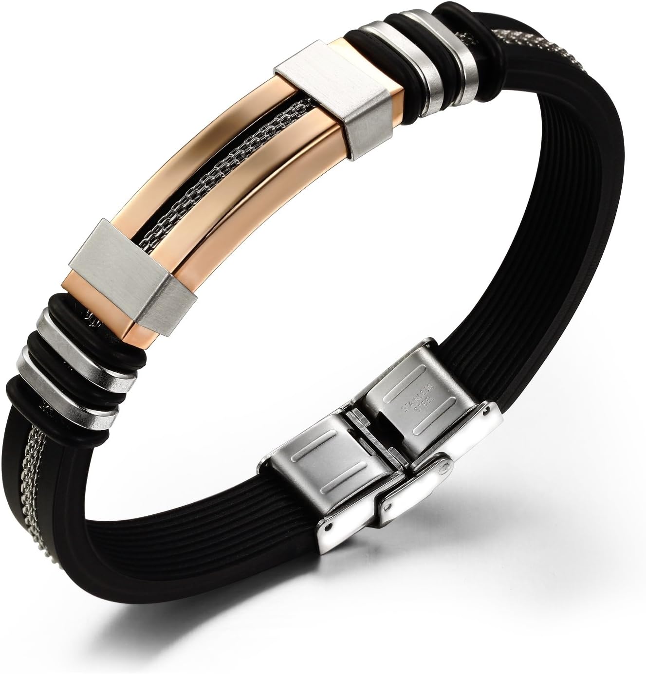 OPK Jewelry Fashion Rose Gold Geniune Silicone Bracelet for men Stainless steel Clasp ,Black, 8.26 inches