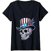 Womens Independence Day Usa Patriot Skull 4th Of July Sugar Skull V-Neck T-Shirt