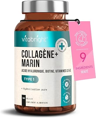 Collagène Marin et Acide Hyaluronique 2450 mg | Peptide de Collagene Marin Gelules + Vitamine C, E, B2, Zinc | Complément Alimentaire Peau, Cheveux, Articulations | VitaBright Collagene Hydrolysé