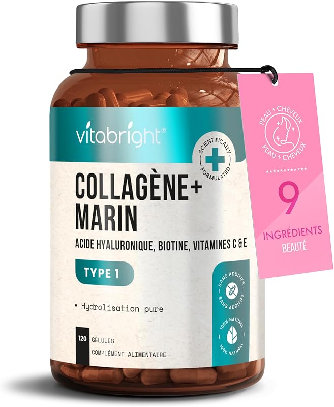 Collagène Marin et Acide Hyaluronique 2450 mg | Peptide de Collagene Marin Gelules + Vitamine C, E, B2, Zinc | Complément Alimentaire Peau, Cheveux, Articulations | VitaBright Collagene Hydrolysé