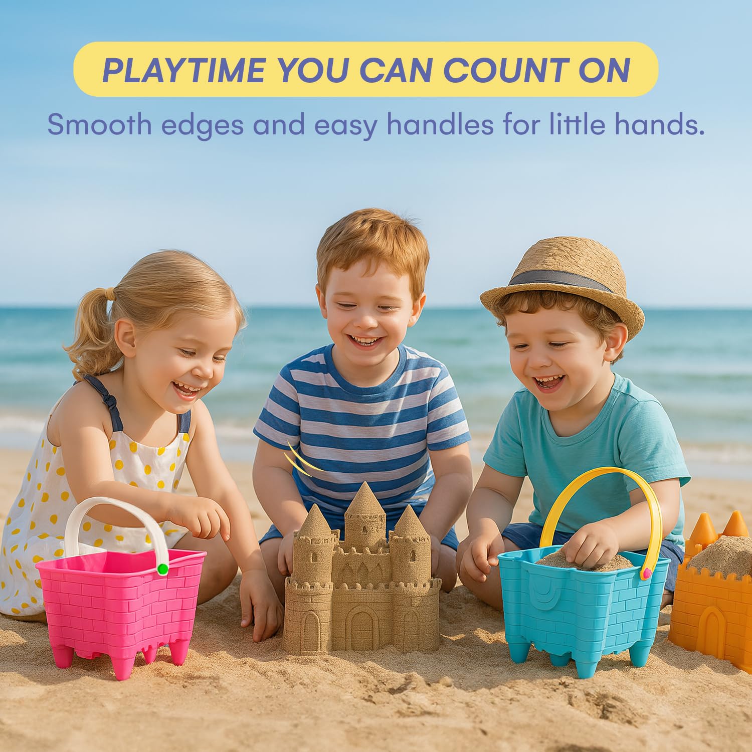 Sand Castle Building Kit, Beach Toys, Beach Bucket, Set of 4 Sand Castle Molds for Kids, Gift Toy for Ages 1 2 3 4 5 6 7 8 9, Older Kids and Toddlers, Sandcastle Building Kit Pail for Kids