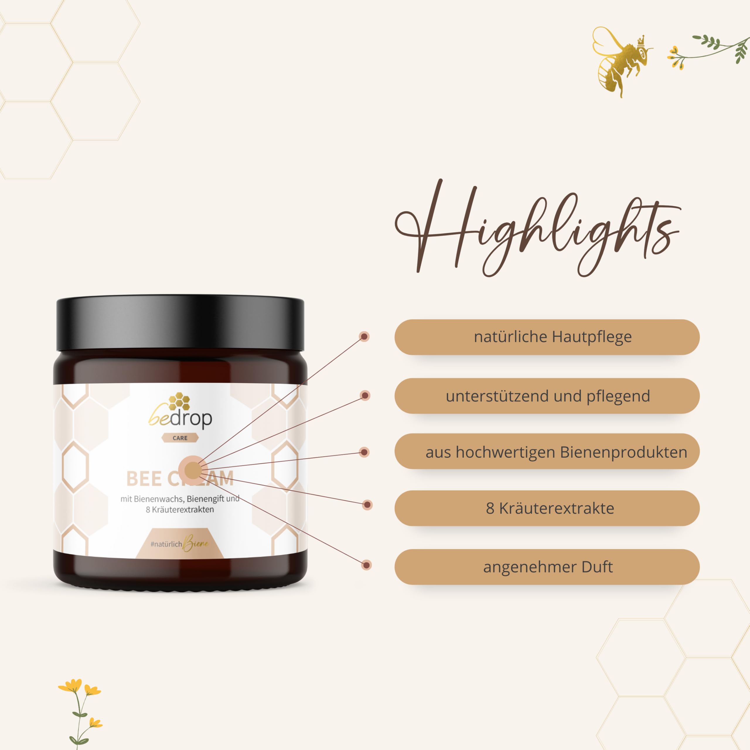 bedrop Bee Cream Bienengiftsalbe hochdosiert (kühlend & wärmend) - Bienengiftcreme mit Bienenwachs & 8 Kräuterextrakten u.a. Aloe Vera, Ringelblume, Eukalyptus und Rosskastanie (3x 100g Sparset)