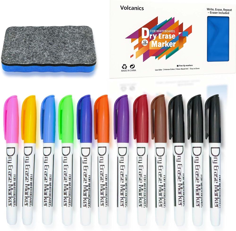 Volcanics Whiteboard Pens 12 Pack Fine Tip Dry Erase Markers Magnetic Eraser