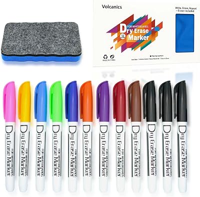 Volcanics Whiteboard Pens 12 Pack Fine Tip Dry Erase Markers Magnetic Eraser