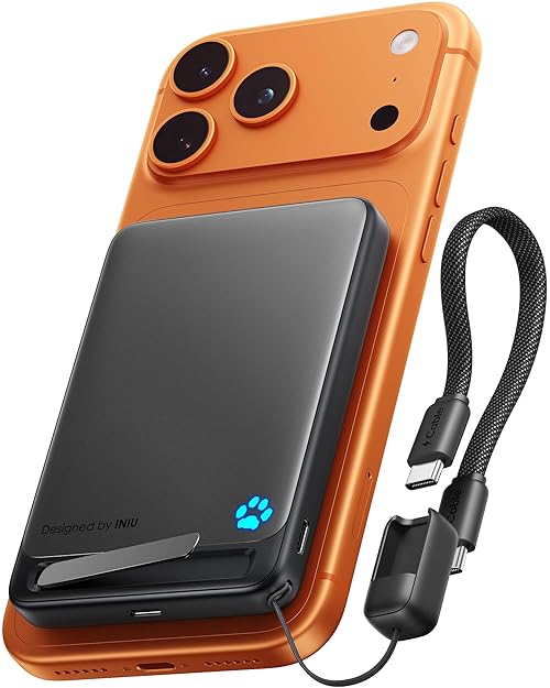 INIU for Magsafe Power Bank, Qi2 Certified, Slimmest 10000mAh 45W Magnetic Portable Charger, with Lanyard USB-C Cable and Stand, Fast Charging Wireless Power Bank, for iPhone 17 16 15 14 13 12 Only