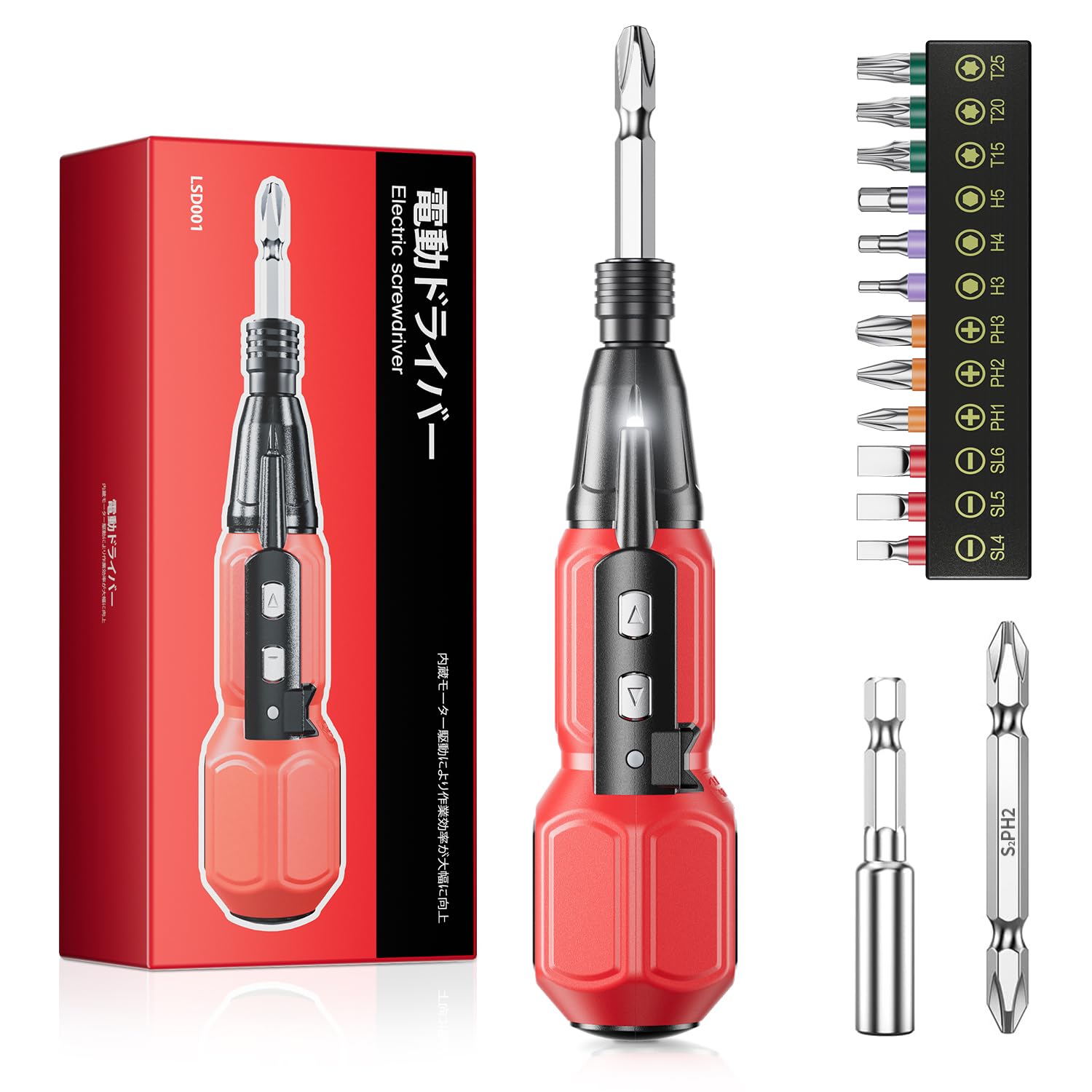(2025 New Standard Model) Electric Screwdriver, Small and Lightweight, 5V, 1800 mAh, Maximum Torque 3N.m (Manual 10 N.m) Switching, Includes Brake Function, High Brightness LED Light & Bit Set