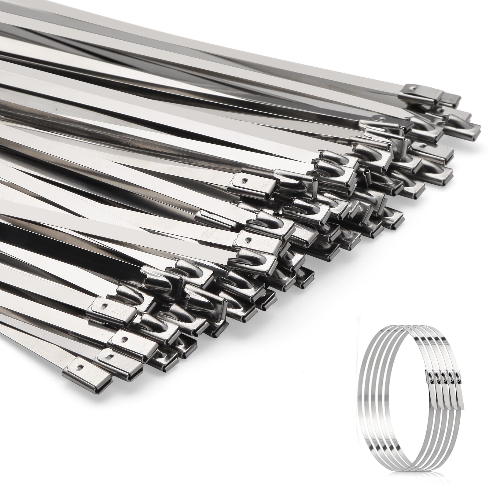 Metal Zip Ties 100pcs 11.8 Inch 304 Stainless Steel Zip Ties,Heavy Duty Metal Zip Ties, Self-Locking Rustproof Metal Cable Ties for Exhaust, Fence, Outdoor and Industrial Use