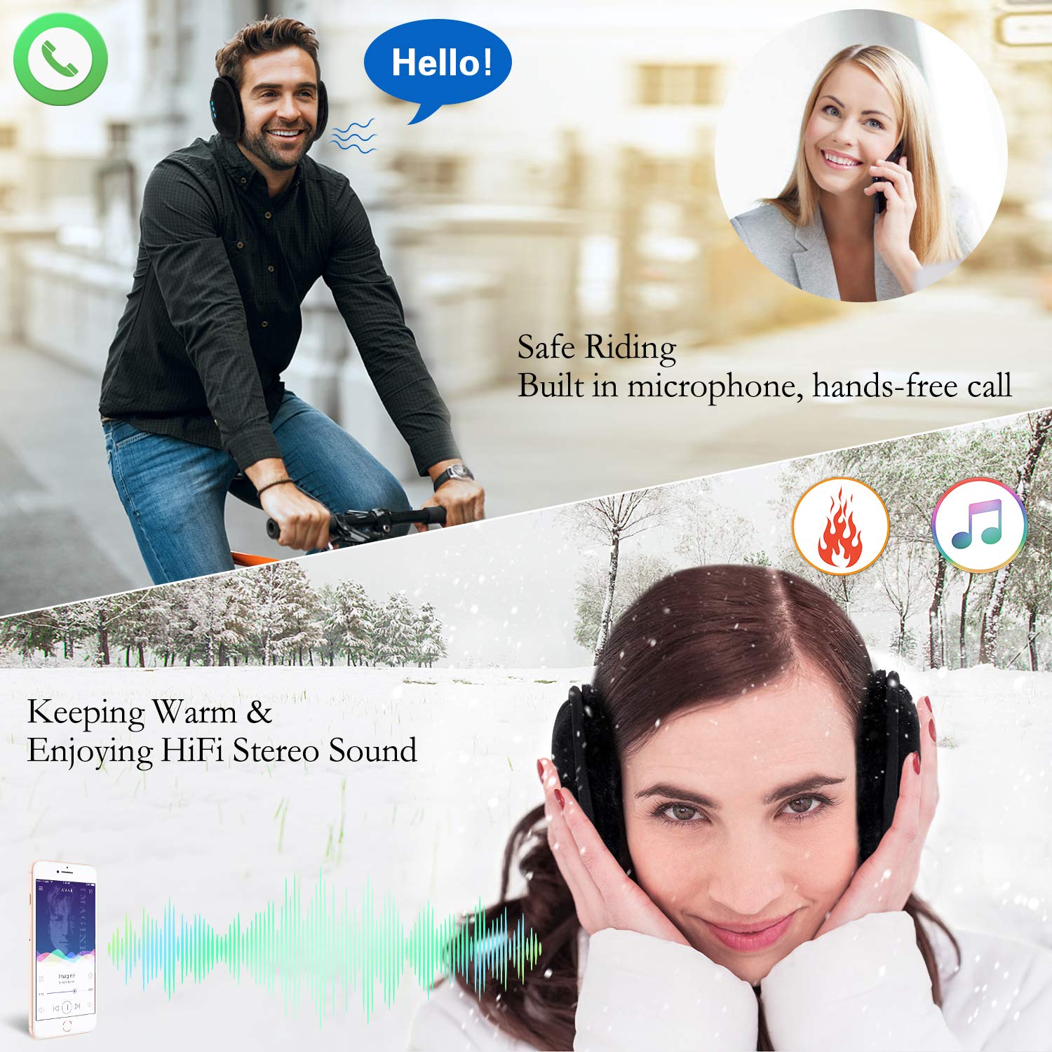 ZUMUSEN Wireless Earmuffs Headphones Bluetooth Ear Muffs Music Headset(Black)