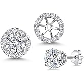 Gem Stone King 14K White Gold 6MM Round Gemstone Birthstone Stud Earrings with Removable Jackets and Lab Grown Diamond Accents | Gold Earrings For Women | Fine Jewelry Gifts for Her Mom Women Wife