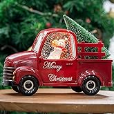 Xindian Musical Red Truck Snow Globe with Swirling Glitter, Snowman & Dog, Carrying Christmas Tree, Spinning Water Lantern for Christmas Decor