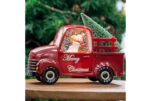 QUALDOUT Christmas Snow Water Lantern Glittering Snowman and Pup in Red Truck with Christmas Tree, USB Lined/Battery Operated Lighted Spinning Lantern for Christmas Festival Decoration Gifts