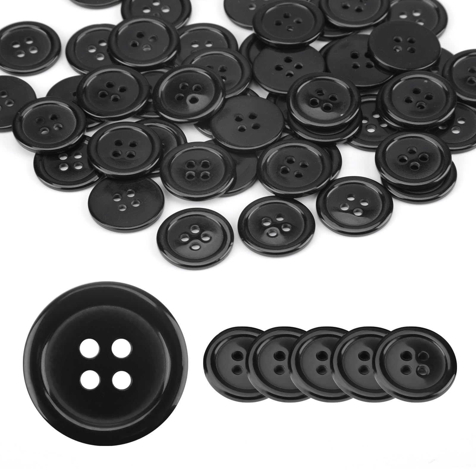 50Pcs Black Round Ridge Buttons, 20mm, 4 Holes, 32L for Suits, Coats, Shirts, Jeans, Cardigans, Tuxedos, and DIY Decoration - Resin Material
