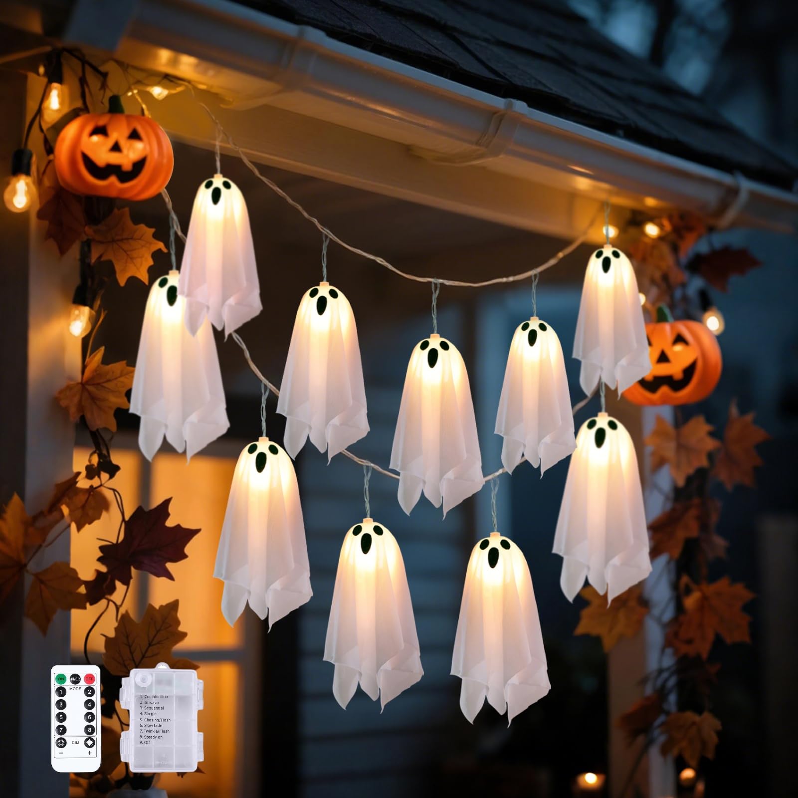 Photo 1 of 10 LED Battery-Powered Halloween Ghost String Lights, 8 Modes & Timer, Waterproof Indoor/Outdoor Decor for Party, Porch, Window, Haunted House