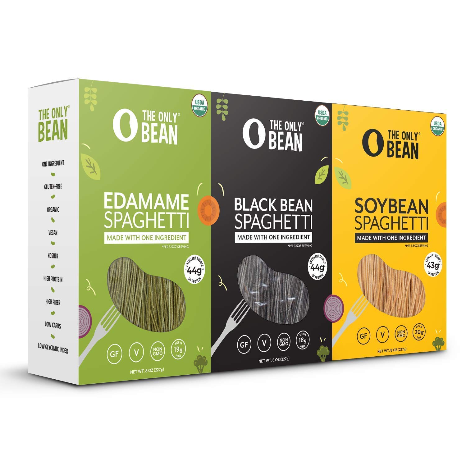 The Only Bean - Organic Edamame, Soy, and Black Bean Spaghetti Pasta - High Protein, Keto Friendly, Gluten-Free, Vegan, Non-GMO, Kosher, Low Carb, Plant-Based Noodles - 8 oz (Variety Pack) (3 Pack)