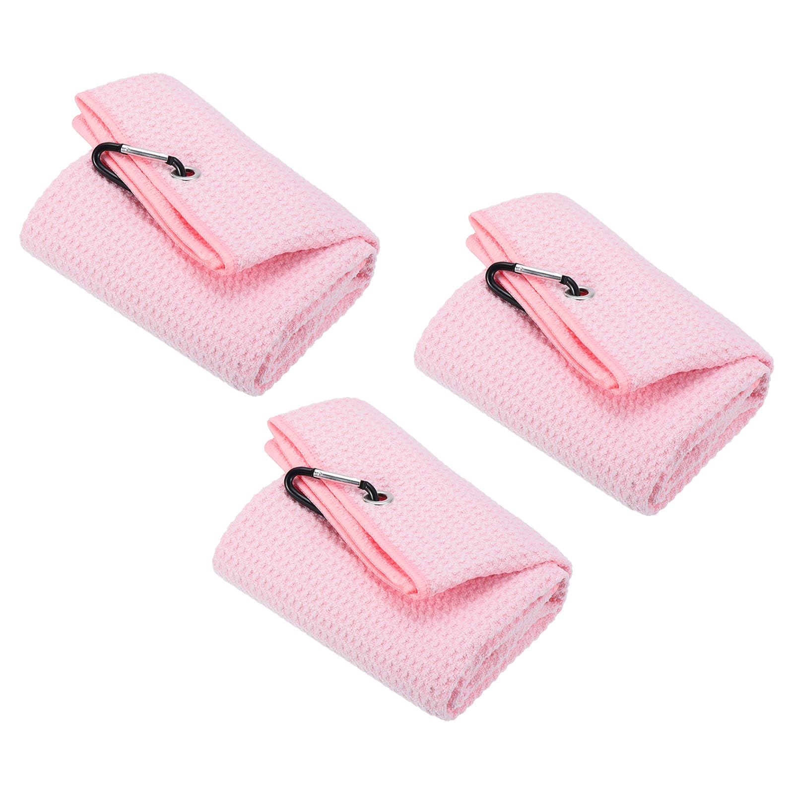 PATIKIL 16"x16" Tri-Fold Golf Towels, 3 Pack Waffle Pattern Towels Soft Fiber Strong Water Absorption with D Clip for Golf Lovers, Pink