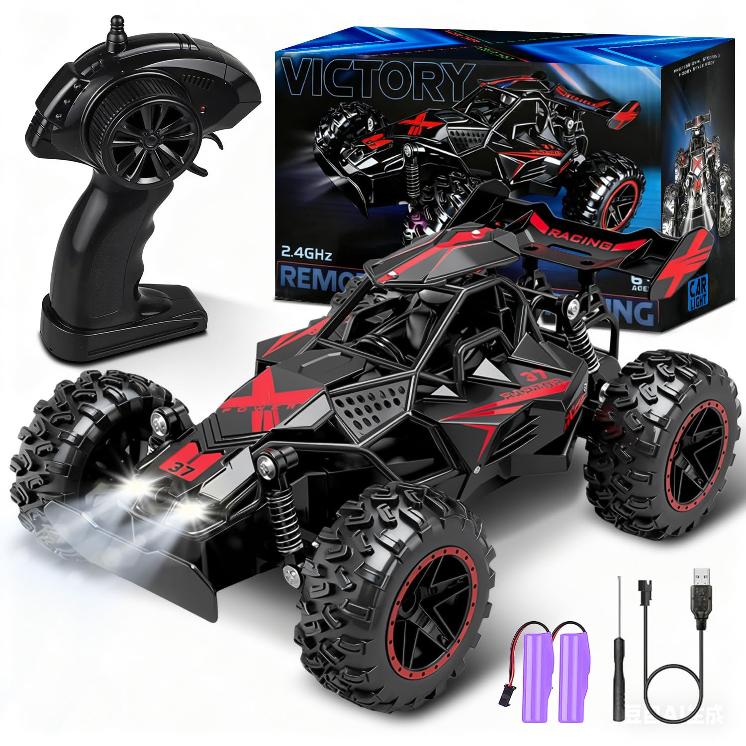 Monkrict Remote Control Car for Kids, 2.4Ghz Rechargeable Scale RC Car, 20 Km/h Monster Truck 1:18 Off-road All-terrains Hobby Off Road RC Cars, Professional Gift for Kids, Red & Black