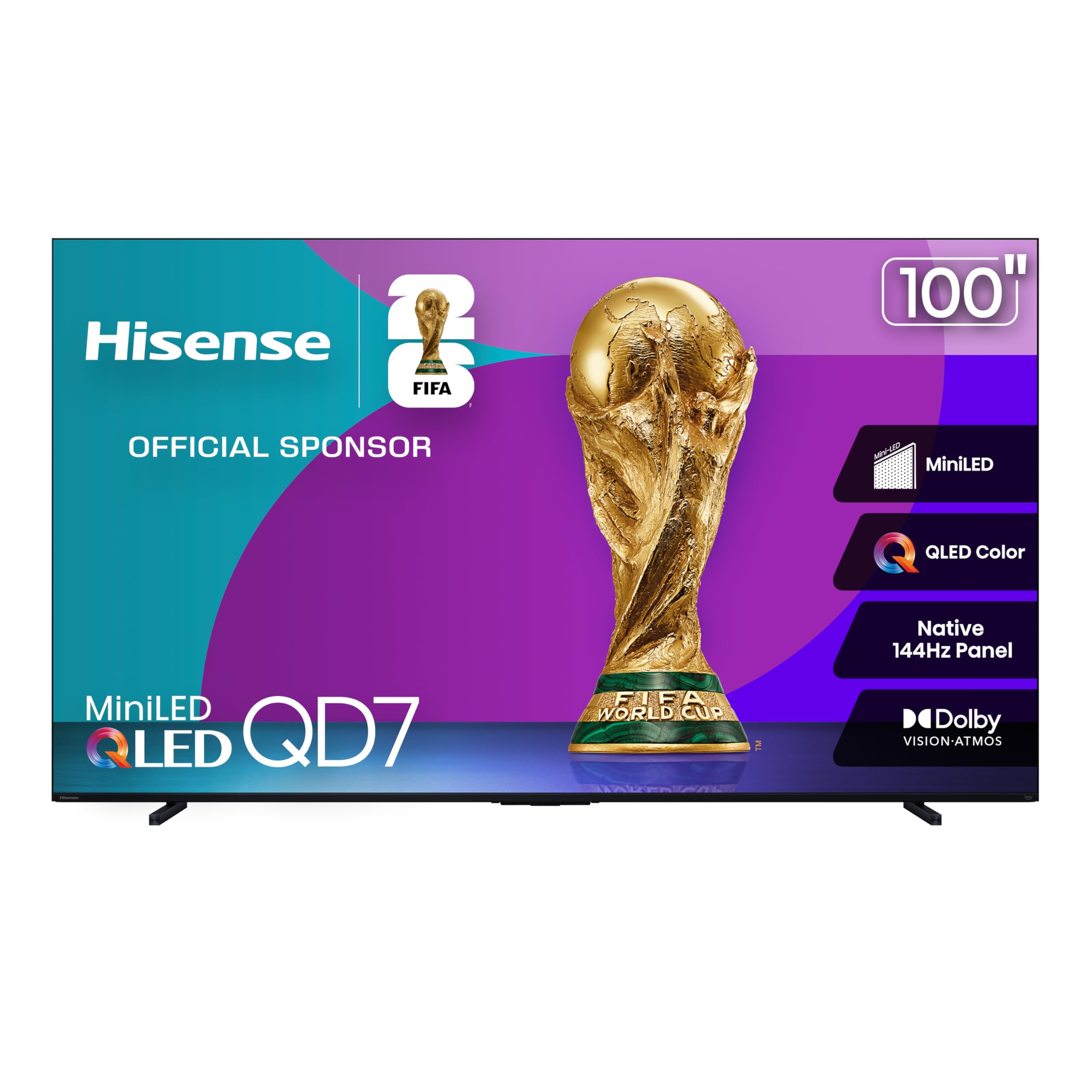 Photo 1 of Hisense 100" Class QD7 Series Mini-LED 4K UHD Smart Fire TV (100QD7QF, 2025 Model) - QLED, 144hz, HDR10+, Dolby Vision, Dolby Atmos, Game Mode Pro, ALLM, Alexa Built in with Voice Remote, MEMC