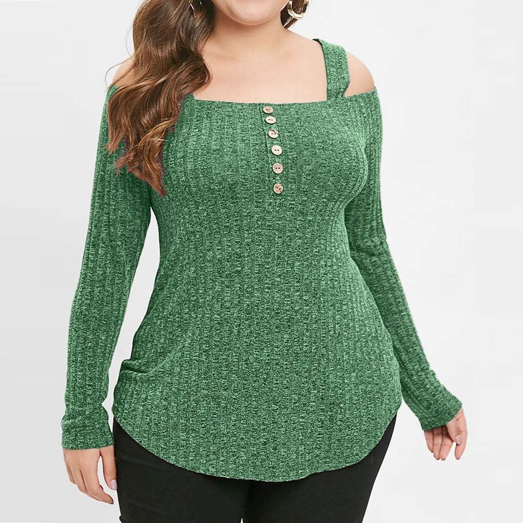 Women's Off Shoulder Top Blouse Plus Size Long Sleeve Solid Color Button Strapless Pullover Top