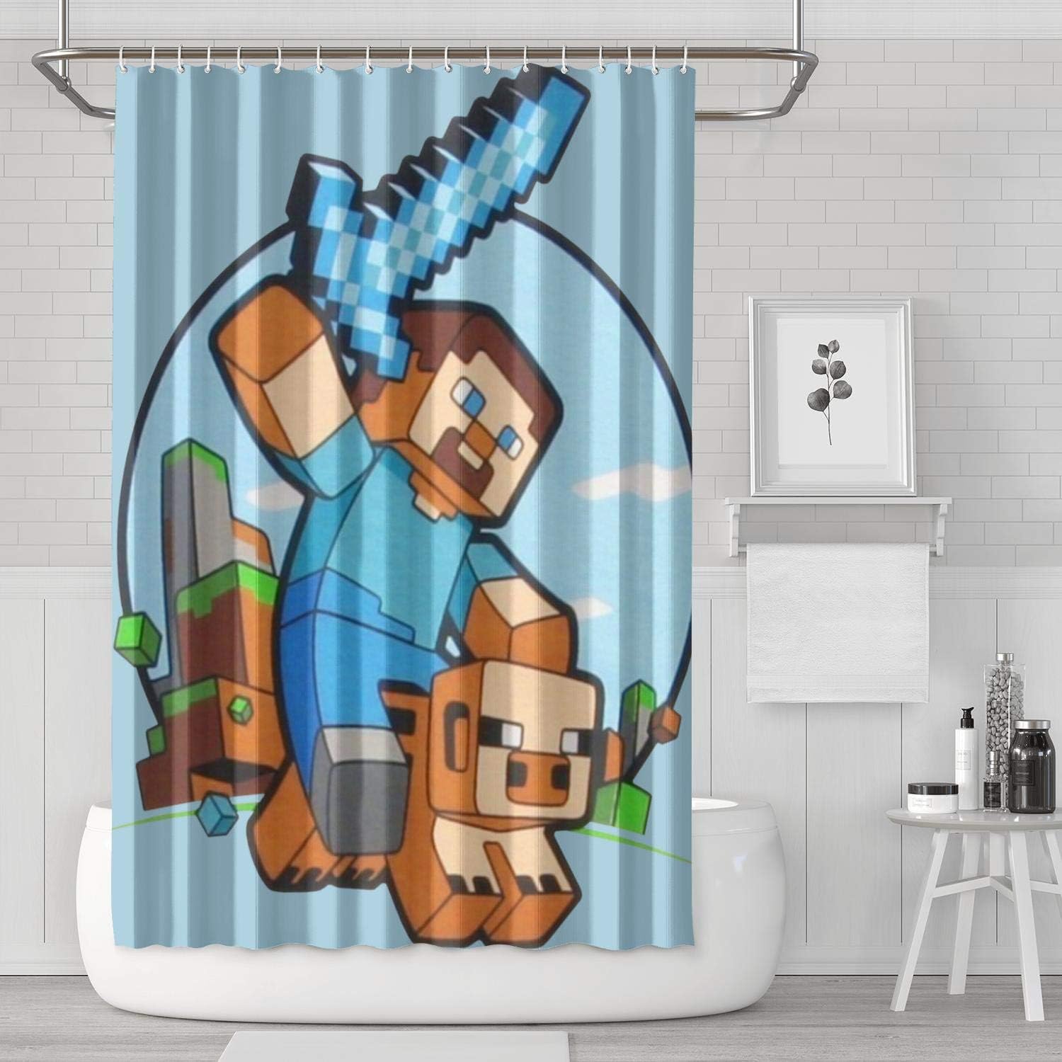 LIHONG2A Kids Mine-Craft Pig Riding Shower Curtain Set with Hooks Print 72 X 72 Inches Bathroom Curtain